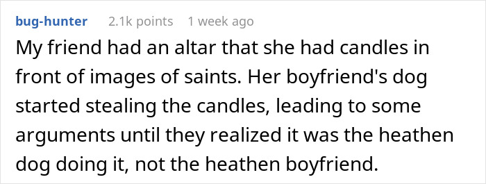 Text post about a girlfriend's altar candles being mistaken for a boyfriend's actions. Text post about a girlfriend's altar candles being mistaken for a boyfriend's actions.