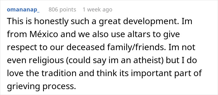 Text comment about using altars in Mexico for grieving, despite not being religious. Text comment about using altars in Mexico for grieving, despite not being religious.