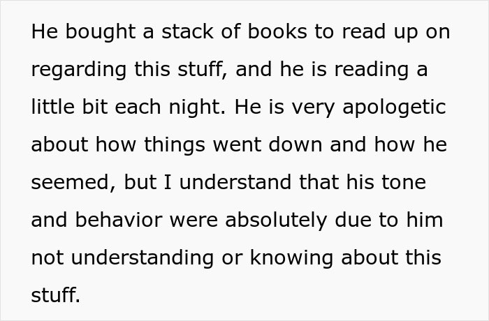 Text excerpt highlighting a boyfriend's efforts to understand religion better by reading books nightly. Text excerpt highlighting a boyfriend's efforts to understand religion better by reading books nightly.