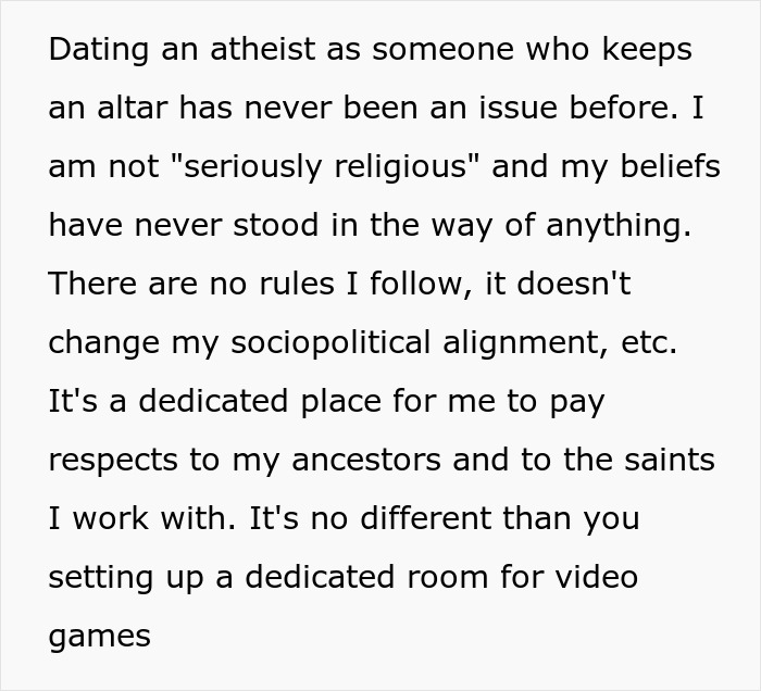Text about dating an atheist, keeping an altar, and personal beliefs, without affecting sociopolitical views. Text about dating an atheist, keeping an altar, and personal beliefs, without affecting sociopolitical views.
