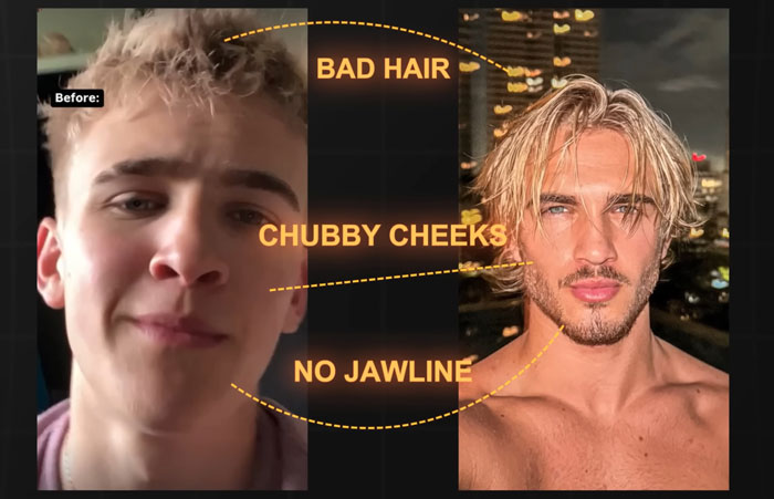 Before and after transformation of a man into a 'supermodel', showing changes in hair, cheeks, and jawline. Before and after transformation of a man into a 'supermodel', showing changes in hair, cheeks, and jawline.