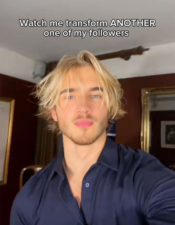 Man with blonde hair in a navy shirt, sharing transformation techniques for looking like a supermodel. Man with blonde hair in a navy shirt, sharing transformation techniques for looking like a supermodel.