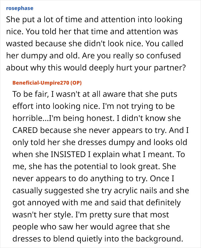 Man remarks on girlfriend's appearance, causing tension in their relationship. Man remarks on girlfriend's appearance, causing tension in their relationship.