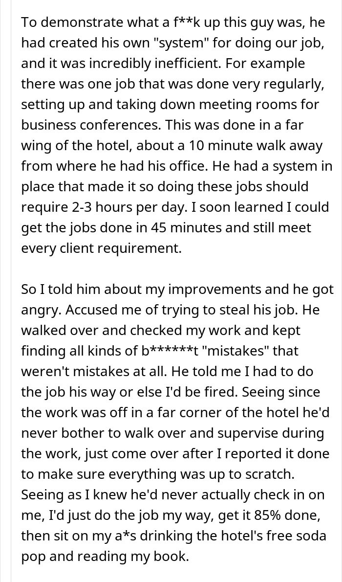 Text detailing a person's inefficiency at work, leading to unspoken firing and petty uniform revenge. Text detailing a person's inefficiency at work, leading to unspoken firing and petty uniform revenge.