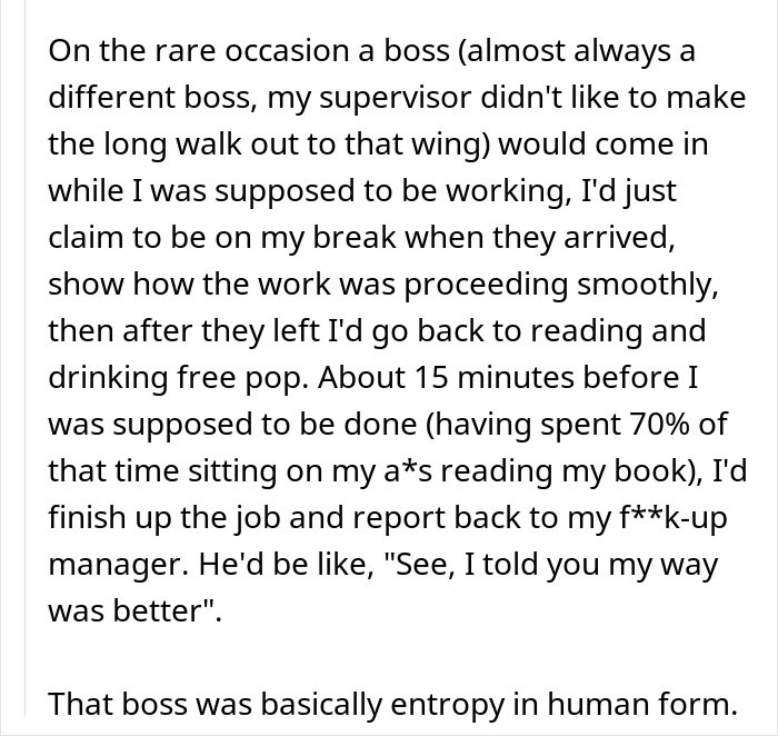 Text message about a person taking breaks, reading, and handling a chaotic boss. Text message about a person taking breaks, reading, and handling a chaotic boss.