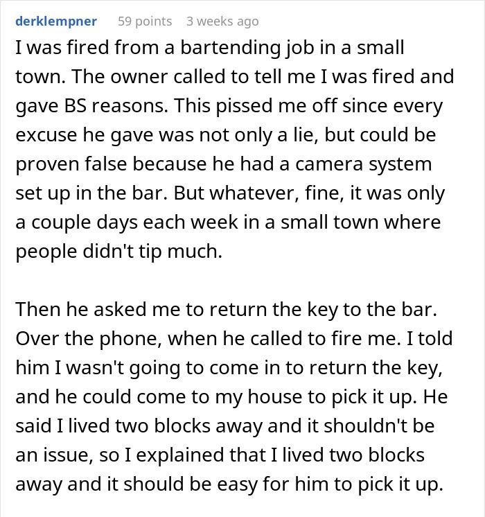 Text describing a bartender fired via call, plotting revenge, reflecting on unfair dismissal and uniform revenge strategy. Text describing a bartender fired via call, plotting revenge, reflecting on unfair dismissal and uniform revenge strategy.