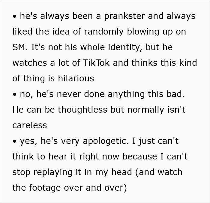 Text thread discussing a husband's prank, TikTok influence, and his regret after a dangerous incident. Text thread discussing a husband's prank, TikTok influence, and his regret after a dangerous incident.