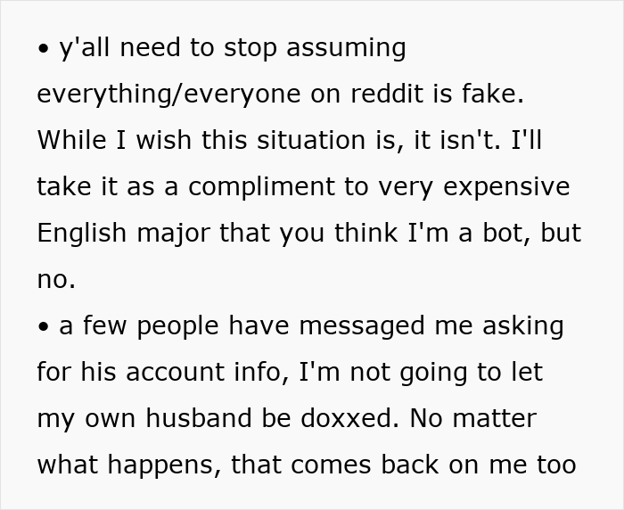 Text discussing assumptions on Reddit and privacy concerns over husband's account info. Text discussing assumptions on Reddit and privacy concerns over husband's account info.