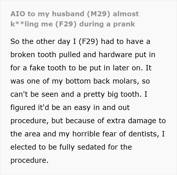 Text recounts a husband's prank that almost cost his wife's life. Text recounts a husband's prank that almost cost his wife's life.