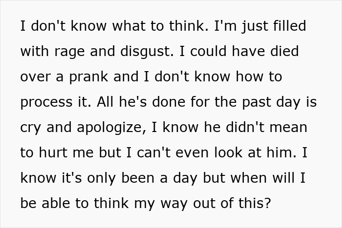 Text from wife expressing anger and disbelief over husband's prank incident. Text from wife expressing anger and disbelief over husband's prank incident.
