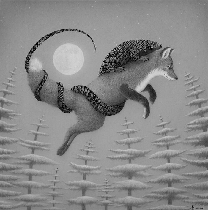 Fox and pangolin leaping over trees under a full moon, featuring nature-inspired artwork elements.