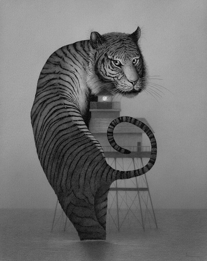 A tiger with a lighthouse body emerges from the ocean in a nature-inspired illustration.