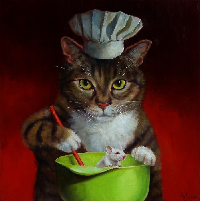 Cat in a chef's hat stirring a mouse in a bowl, funny animal painting by Lucia Heffernan.