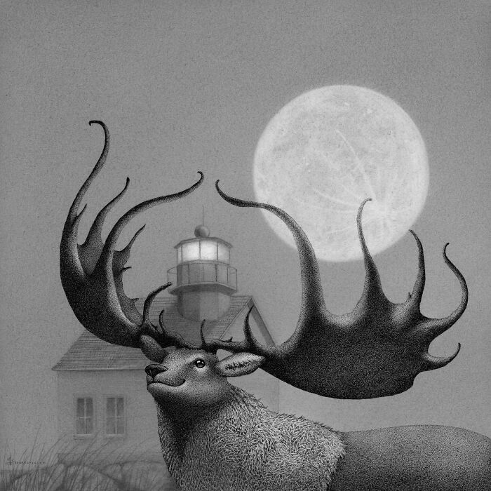 Deer with large antlers in front of a lighthouse under a full moon, featuring ocean and nature-inspired illustration.