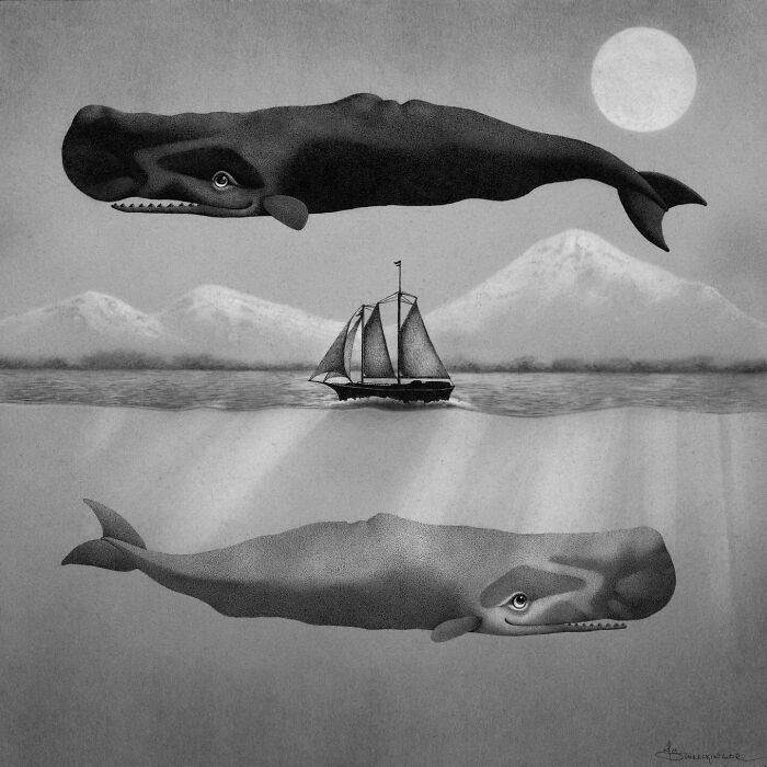 Juliet Schreckinger's ocean-inspired illustration featuring two whales and a sailing ship under a full moon.