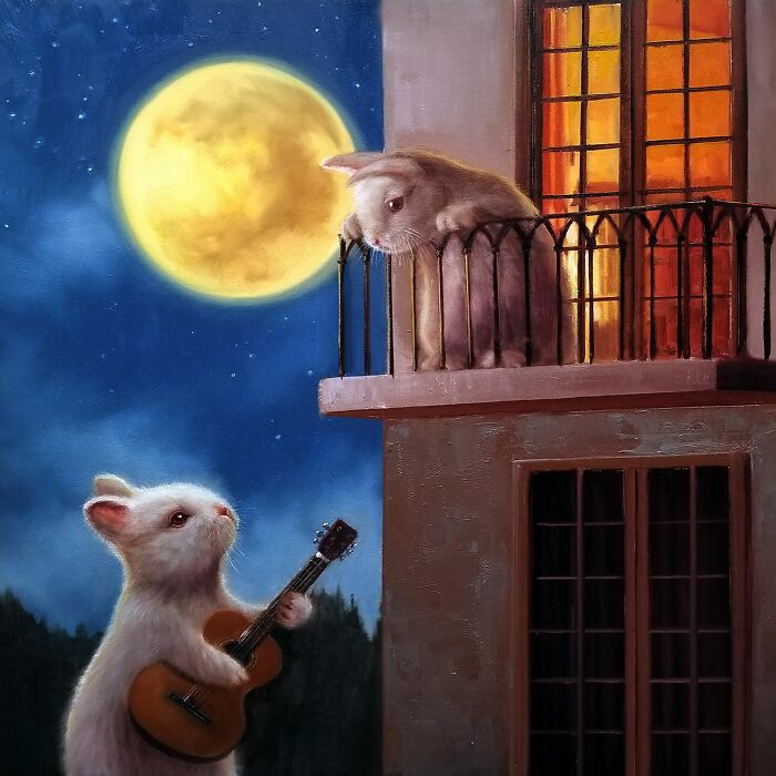 Charming animal painting by Lucia Heffernan: a rabbit serenading another under a full moon from a balcony.