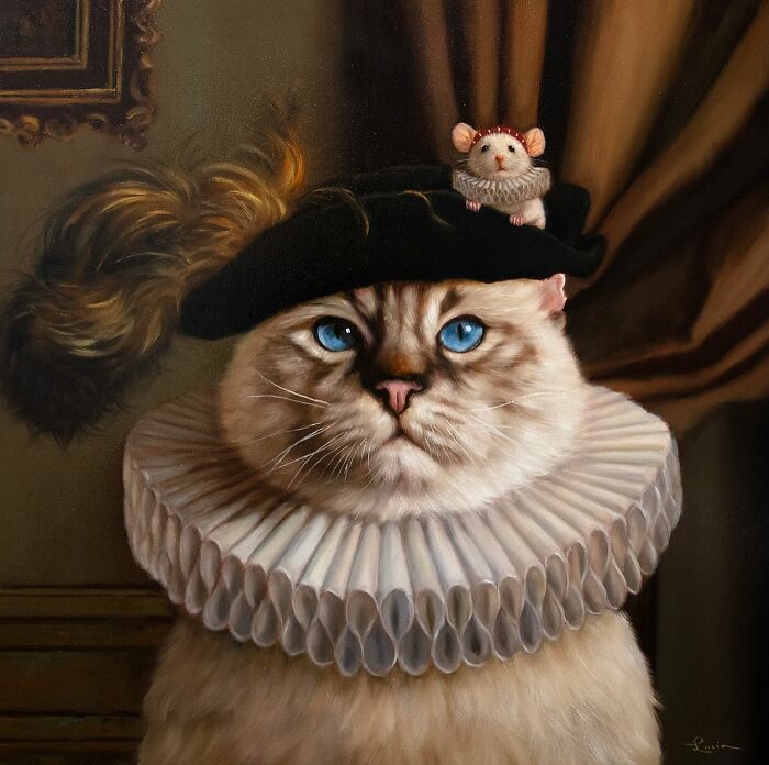 A cat in a ruff collar and hat with a mouse on top, showcasing charming and funny animal paintings.