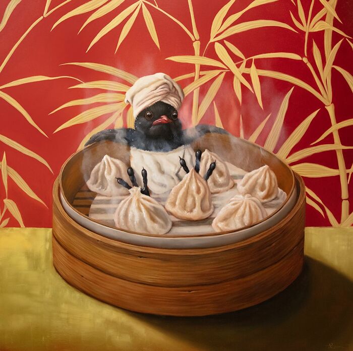 Funny animal painting depicting a bird relaxing in a bamboo steamer with dumplings against a red bamboo-patterned backdrop.