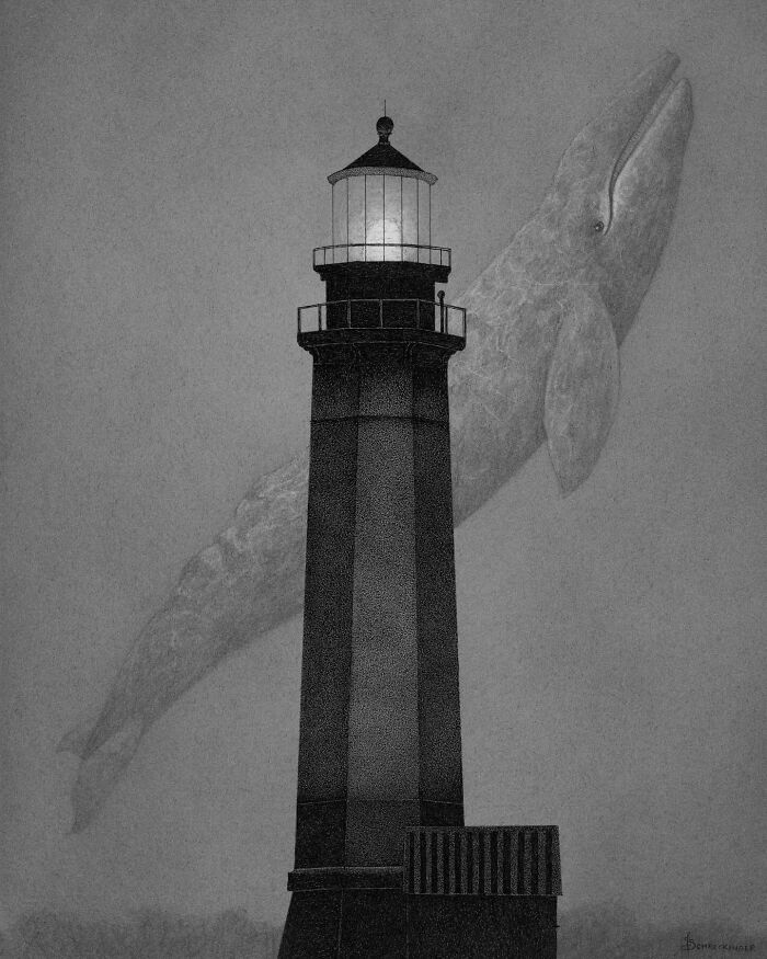 A lighthouse with a giant whale illustration in the background, inspired by ocean and nature themes.
