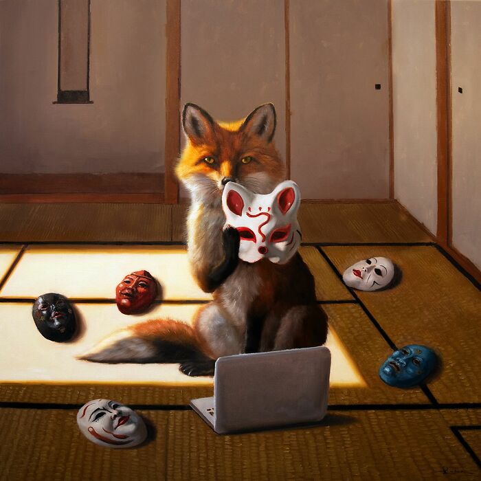 A fox holding a mask, surrounded by masks, in a humorous animal painting by Lucia Heffernan.