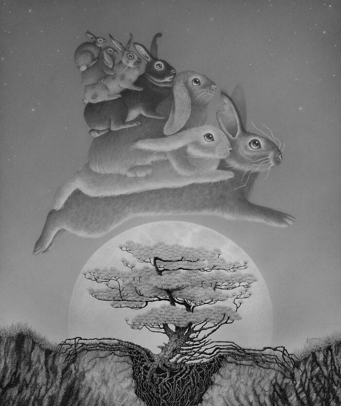 Illustration of rabbits leaping over a tree and moon, reflecting nature-inspired themes in art.