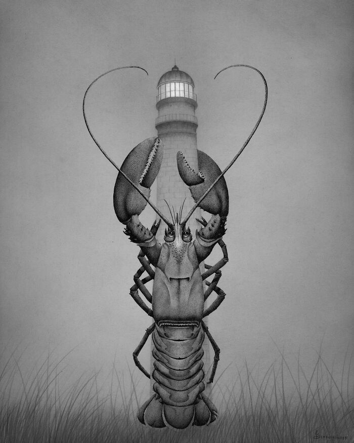 Ocean-inspired illustration of a lobster with a lighthouse in the background, by Juliet Schreckinger.