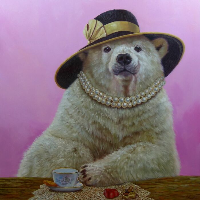 Charming animal painting of a polar bear wearing a hat and pearls, seated at a table with tea, by Lucia Heffernan.