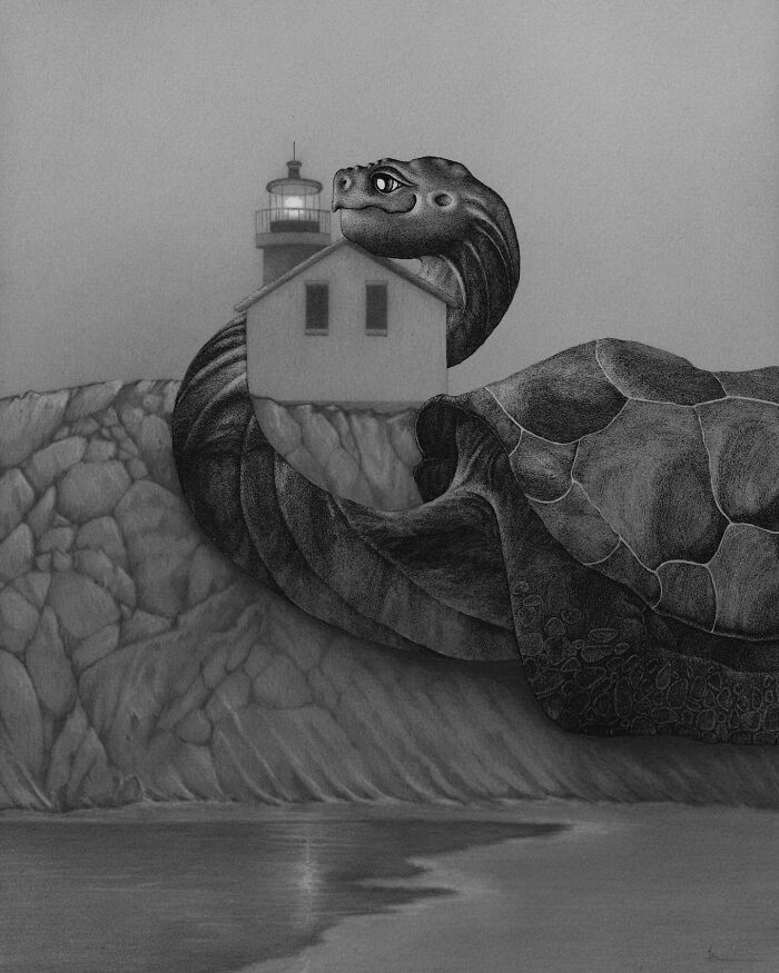 Ocean-inspired illustration featuring a turtle entwined with a lighthouse on a rocky shoreline.