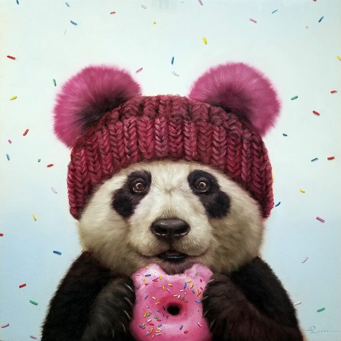 Panda painting by Lucia Heffernan wearing a pink hat, holding a sprinkle donut, with a whimsical background.