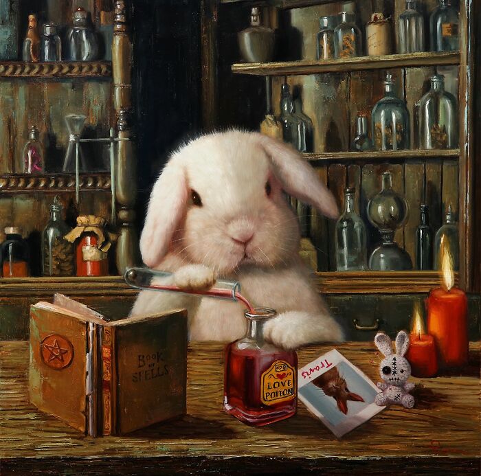 Charming animal painting of a white rabbit crafting potions, surrounded by spell books and candles.