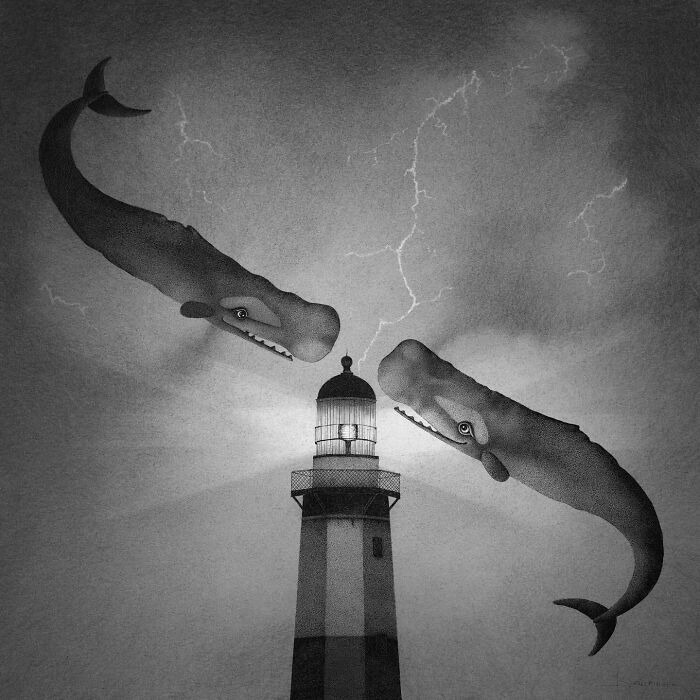 Whales circling a lighthouse with lightning in a captivating ocean-inspired illustration.