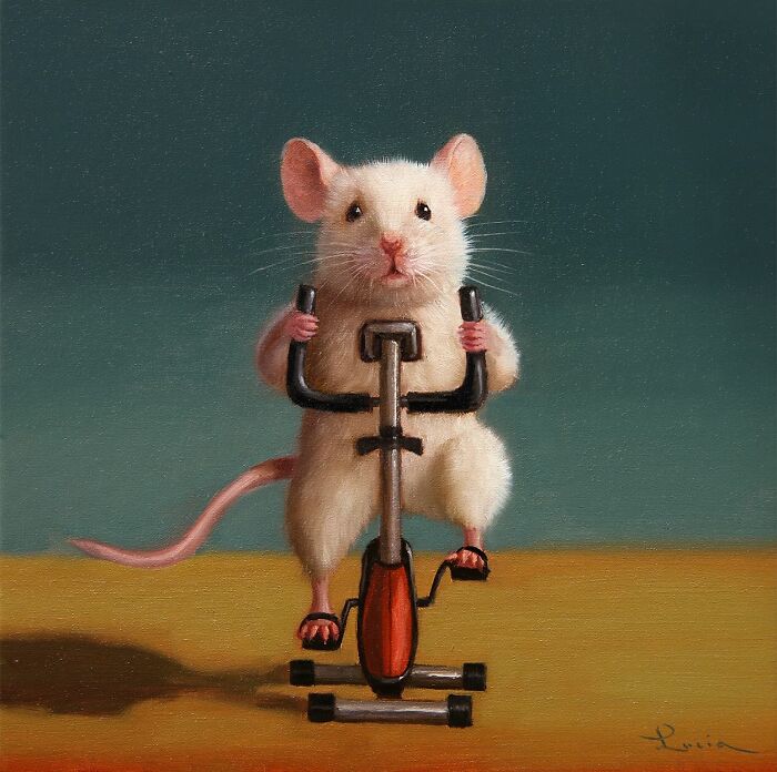 A funny animal painting of a mouse on an exercise bike by Lucia Heffernan.