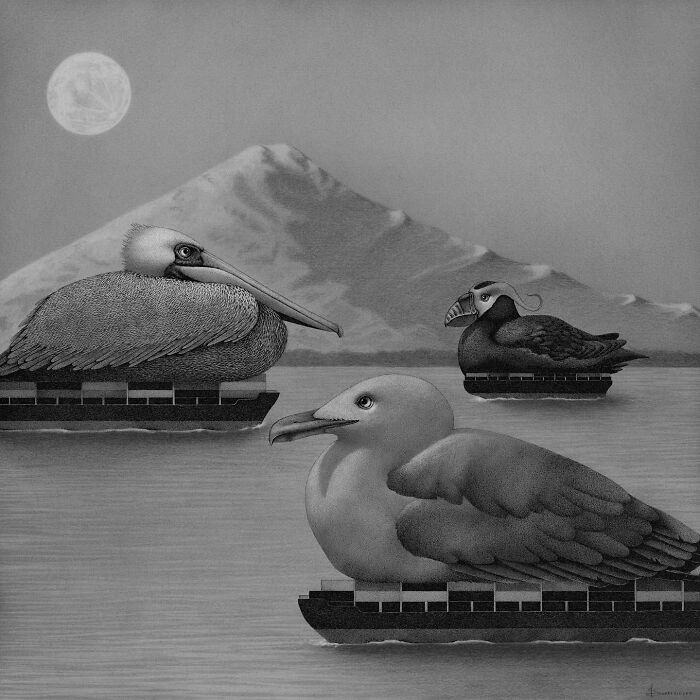 Ocean-inspired illustration by Juliet Schreckinger featuring birds on boats under a full moon with a mountain backdrop.
