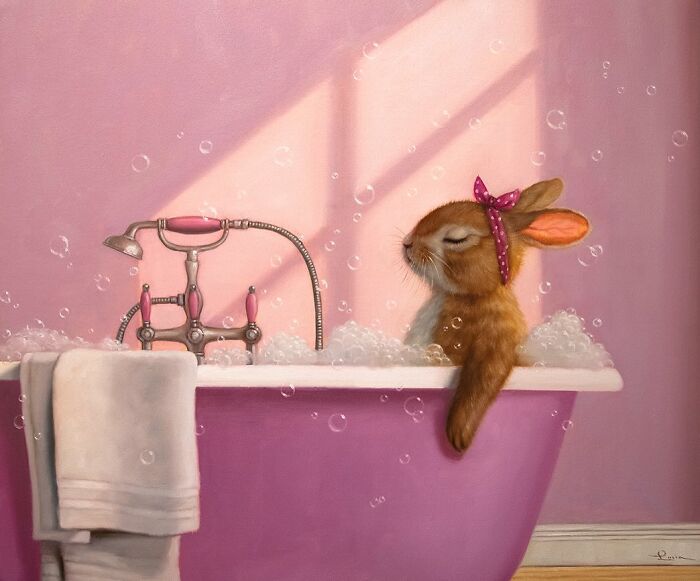 Charming animal painting of a bunny with a bow relaxing in a bubble-filled pink bathtub.