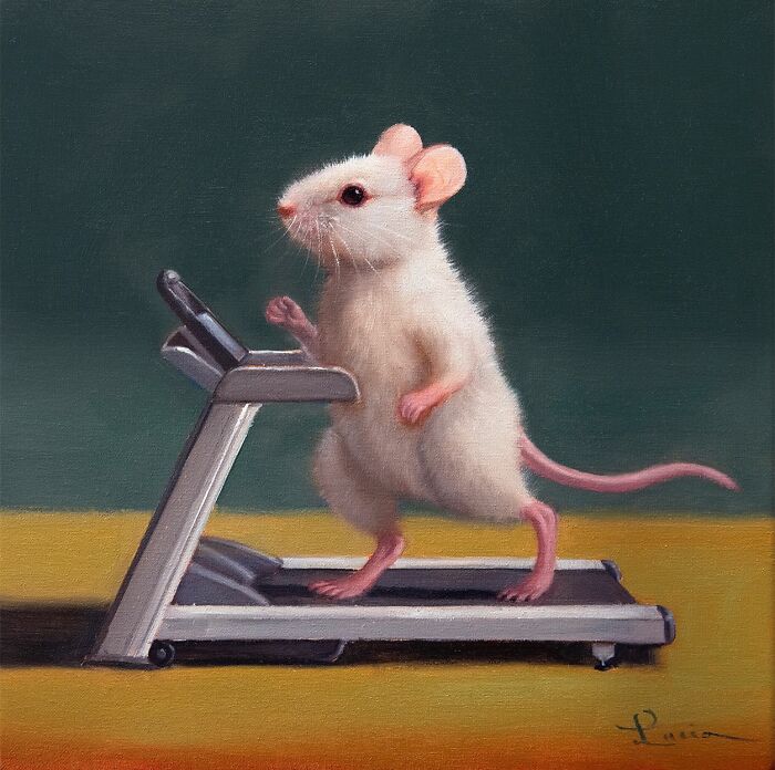 A charming animal painting of a mouse running on a treadmill by Lucia Heffernan.