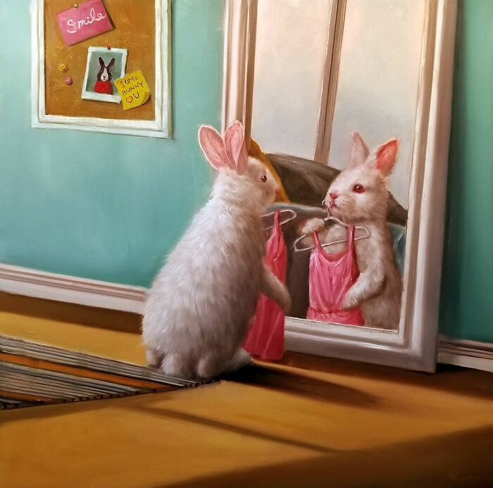 A charming animal painting of a rabbit looking at its reflection in a mirror while holding a pink dress.