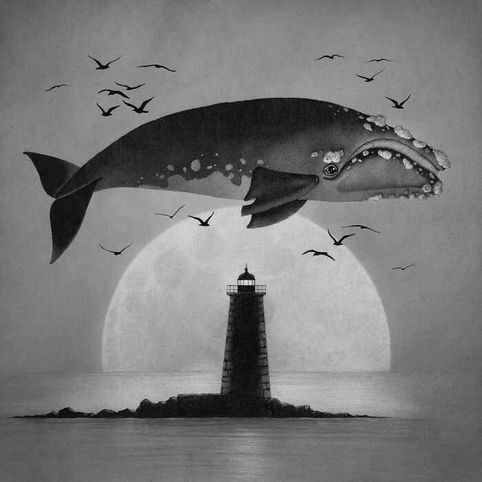 A whale illustration over a lighthouse at night with a full moon in the background, inspired by ocean and nature themes.