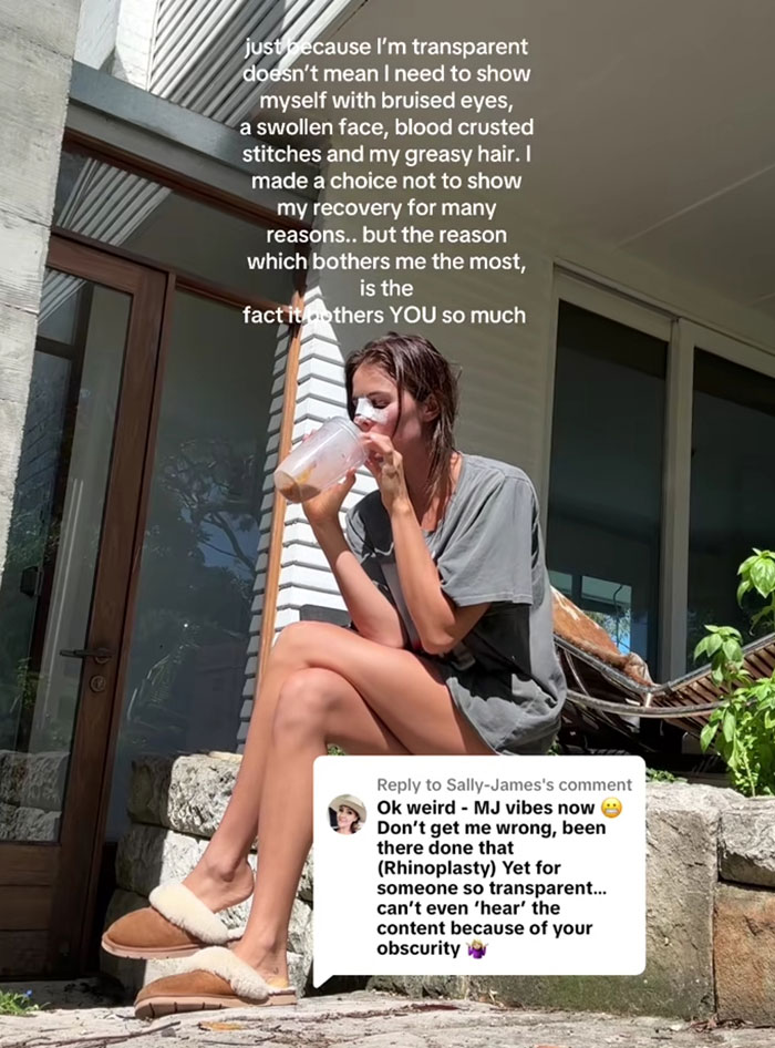 Woman outdoors post-rhinoplasty, sipping iced coffee while addressing online trolling about her appearance. Woman outdoors post-rhinoplasty, sipping iced coffee while addressing online trolling about her appearance.