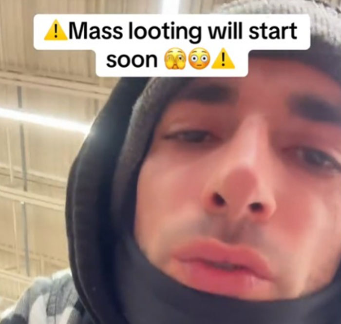 Man in winter clothing inside a grocery store, with text expressing concern over America's grocery prices. Man in winter clothing inside a grocery store, with text expressing concern over America's grocery prices.