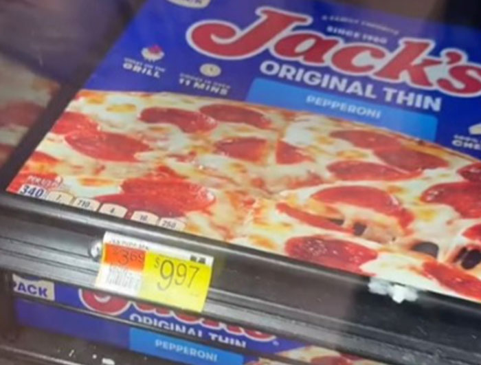 High grocery prices in America shown by a $9.97 price tag on Jack's Original Thin pepperoni pizza. High grocery prices in America shown by a $9.97 price tag on Jack's Original Thin pepperoni pizza.