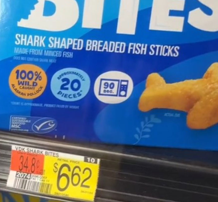 Grocery price of shark-shaped fish sticks at $6.62, showcasing rising food costs in America. Grocery price of shark-shaped fish sticks at $6.62, showcasing rising food costs in America.