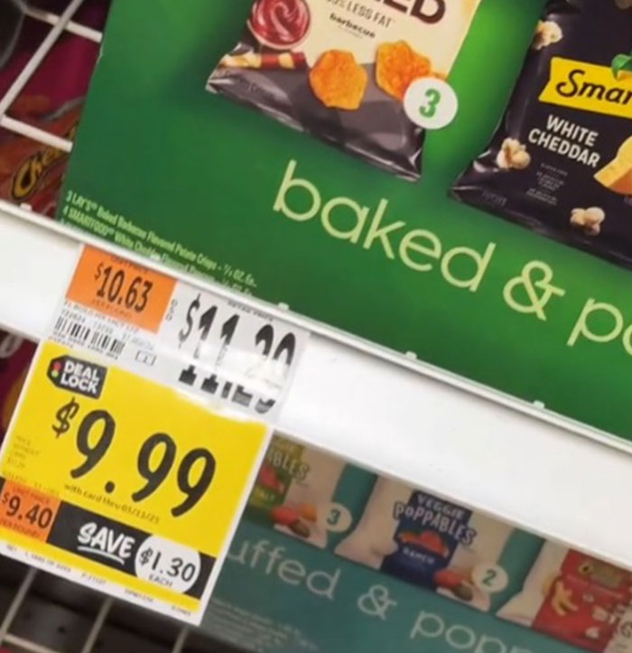 Grocery shelf showing high prices of snacks in the US, including a sale tag for $9.99, highlights economic concerns. Grocery shelf showing high prices of snacks in the US, including a sale tag for $9.99, highlights economic concerns.