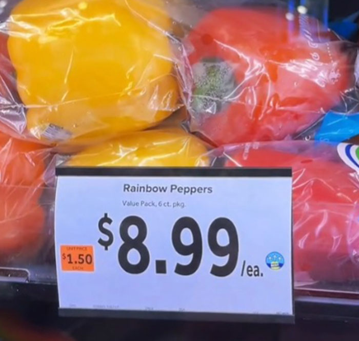 US grocery prices: Rainbow peppers priced at $8.99 for a 6-pack. US grocery prices: Rainbow peppers priced at $8.99 for a 6-pack.