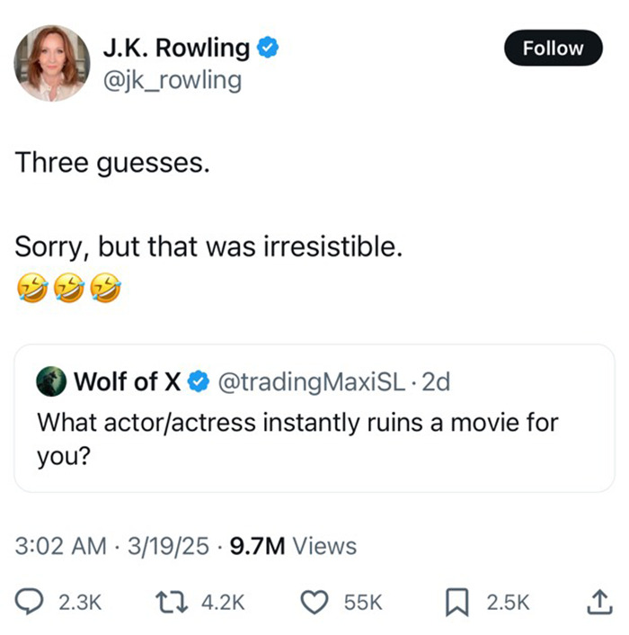 J.K. Rowling tweet reacts to question on actors "ruining movies," with playful response, causing online buzz. J.K. Rowling tweet reacts to question on actors "ruining movies," with playful response, causing online buzz.
