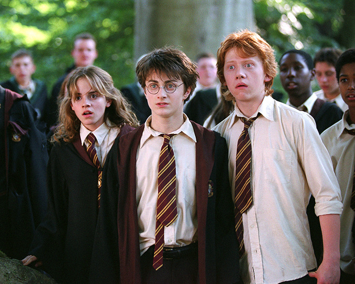 Three 'Harry Potter' characters in school uniforms, standing in a forest, looking surprised. Three 'Harry Potter' characters in school uniforms, standing in a forest, looking surprised.