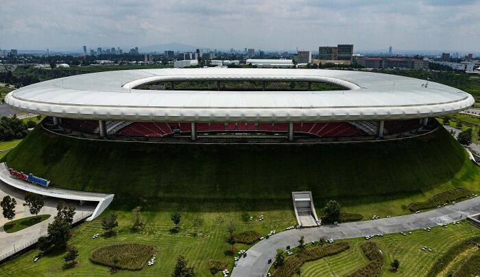 Aerial view of a large soccer stadium, one of the famous cathedrals of soccer where legends are born.