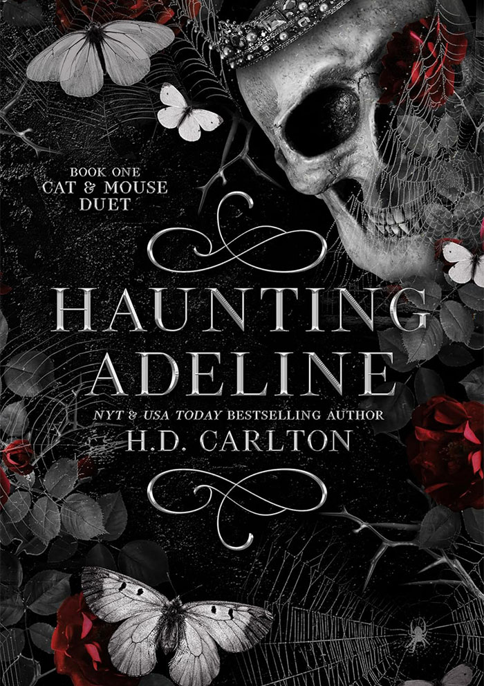 Haunting Adeline by H.D. Carlton, dark cover with skull, butterflies, and roses, symbolizes a book that sparks judgment. Haunting Adeline by H.D. Carlton, dark cover with skull, butterflies, and roses, symbolizes a book that sparks judgment.