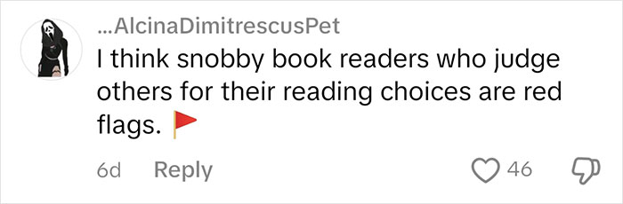 Comment on judging people based on book choices, with a red flag emoji. Comment on judging people based on book choices, with a red flag emoji.