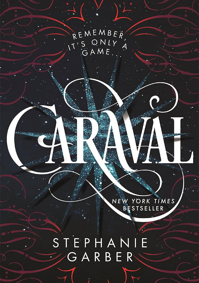 Caraval book cover by Stephanie Garber with red swirls and starburst background. Caraval book cover by Stephanie Garber with red swirls and starburst background.