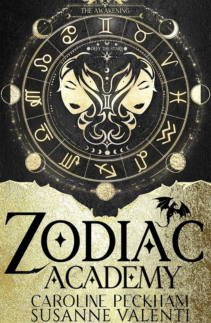 Cover of "Zodiac Academy" with astrological symbols and twin figures centered. Cover of "Zodiac Academy" with astrological symbols and twin figures centered.